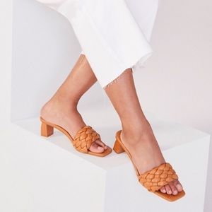 JustFab Tonika Braided Strap Heeled Sandals- Camel